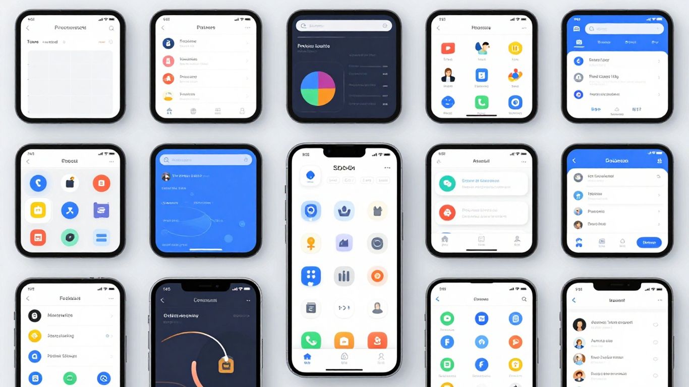 Vários aplicativos em telas de celular.