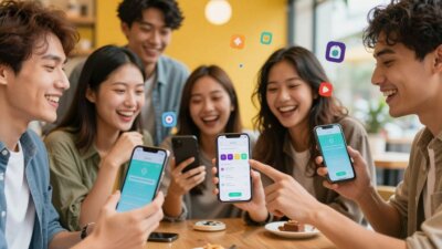 Amigos dividindo contas em aplicativos no celular sorrindo.
