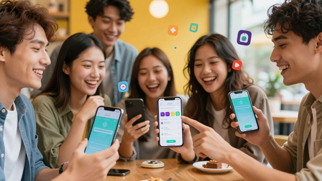 Amigos dividindo contas em aplicativos no celular sorrindo.