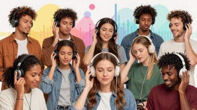 Pessoas ouvindo música com fones de ouvido e ondas sonoras coloridas.