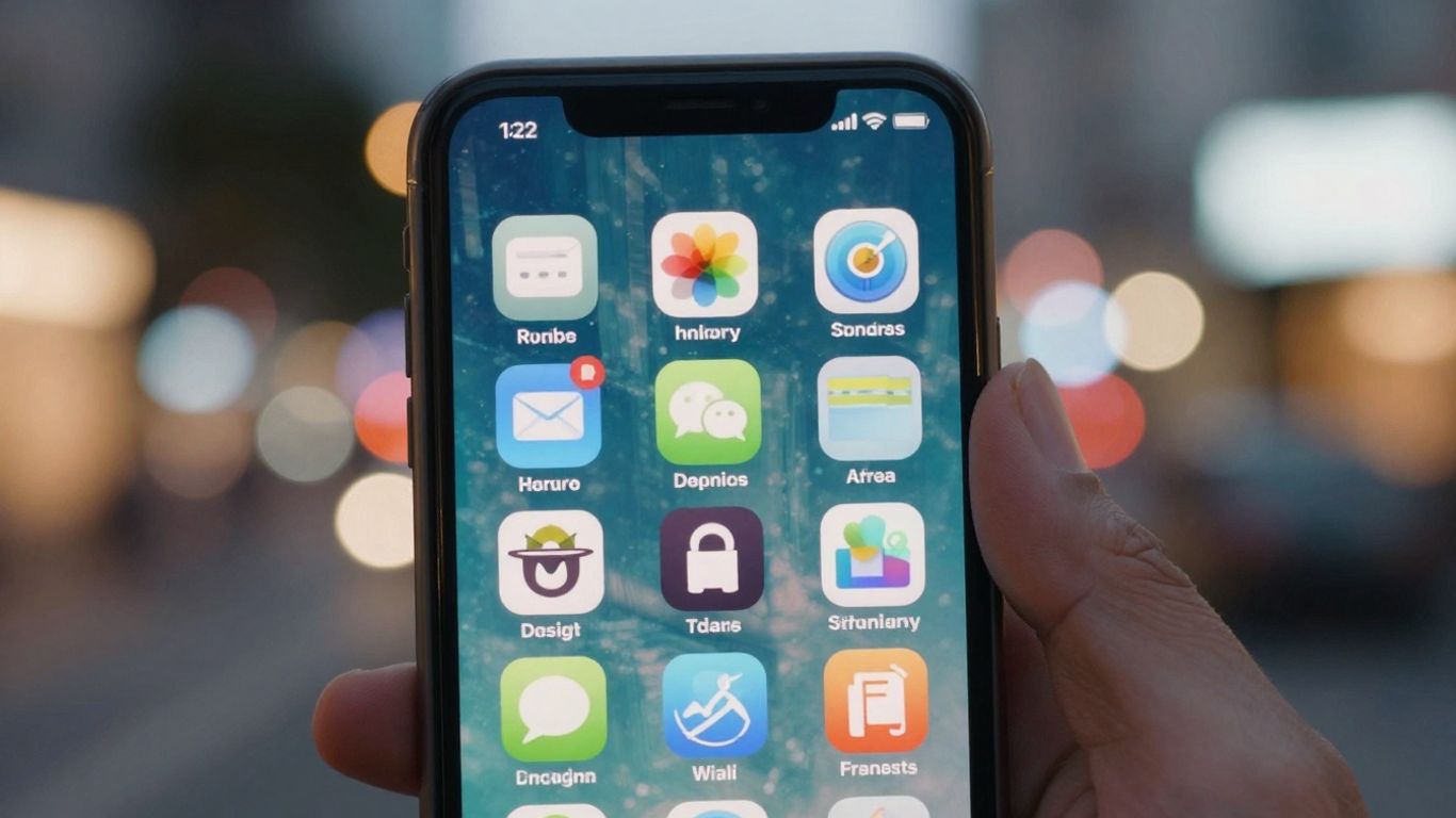 Tela de celular com ícones de aplicativos populares.