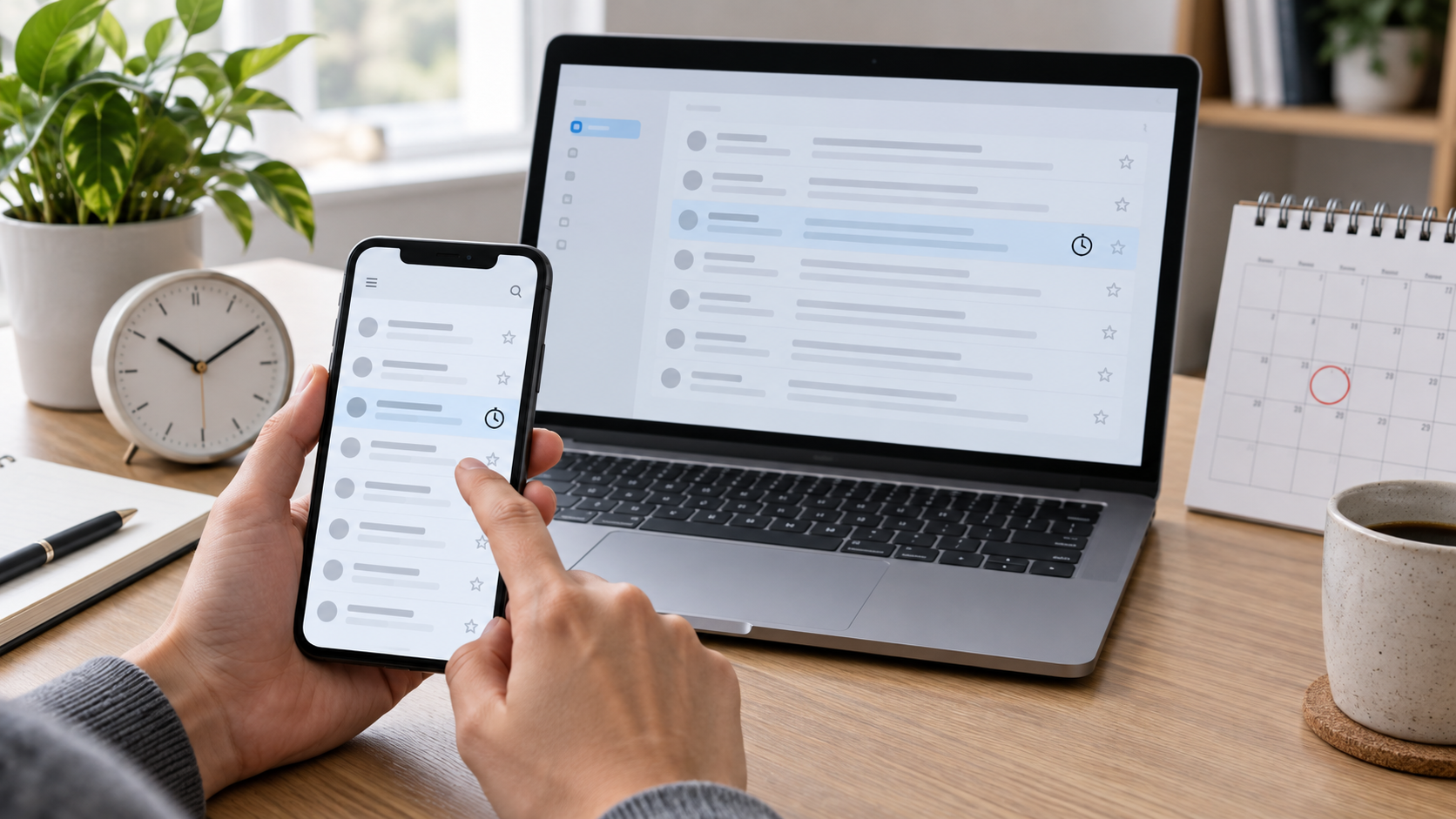 Celular e notebook exibindo uma fila de mensagens com calendário ao lado.