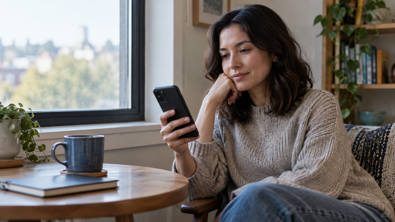 Pessoa faz uma pausa para conferir o celular perto de uma janela.