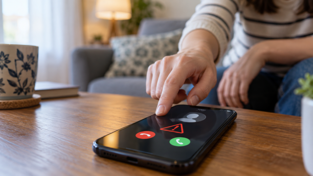 Celular exibindo uma chamada suspeita enquanto a pessoa se prepara para bloqueá-la.