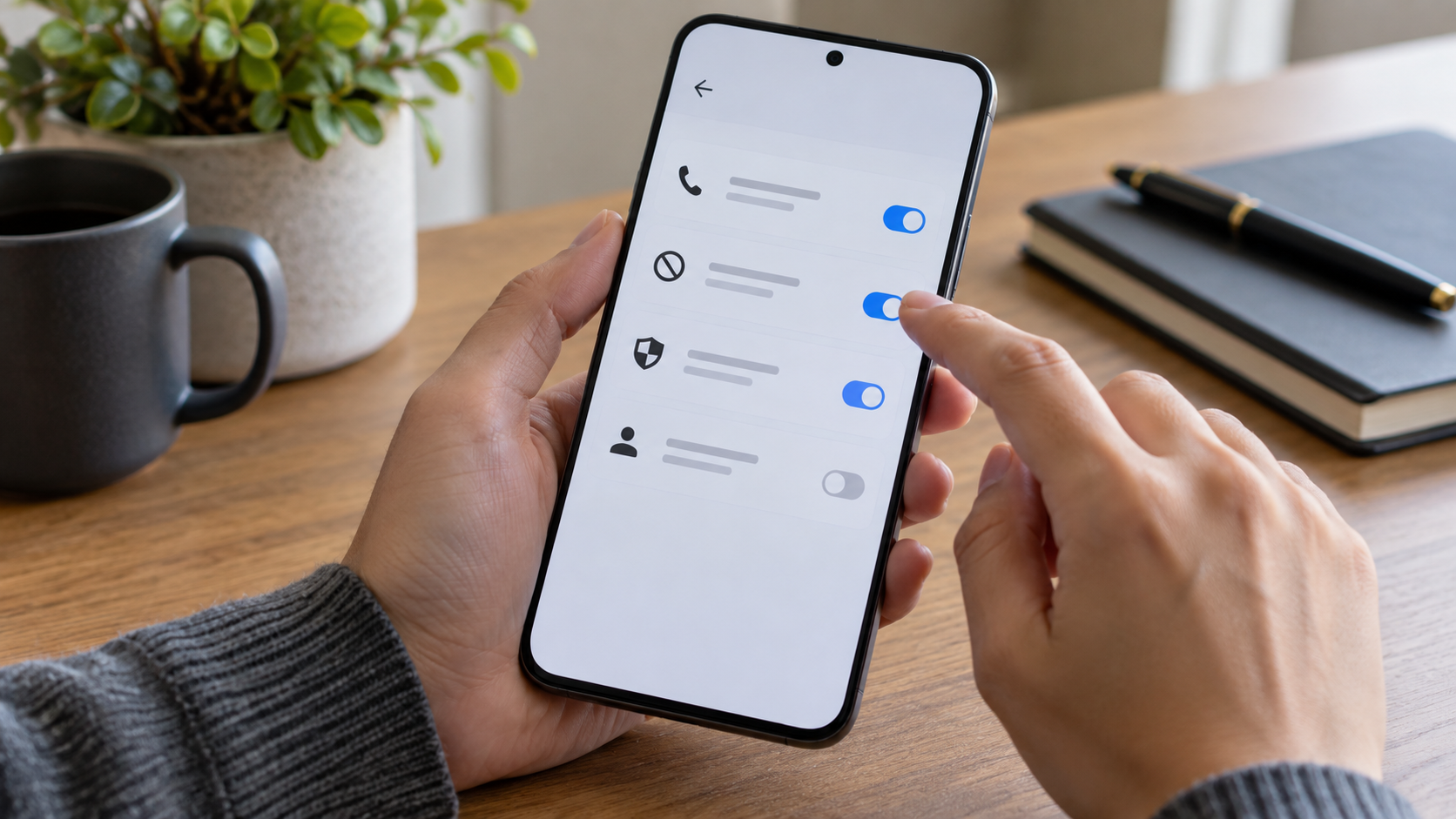 Pessoa ajustando as configurações de bloqueio e privacidade de chamadas no celular.