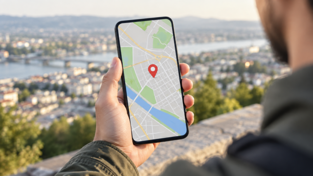 Celular mostrando um mapa com marcador de localização na mão de uma pessoa.
