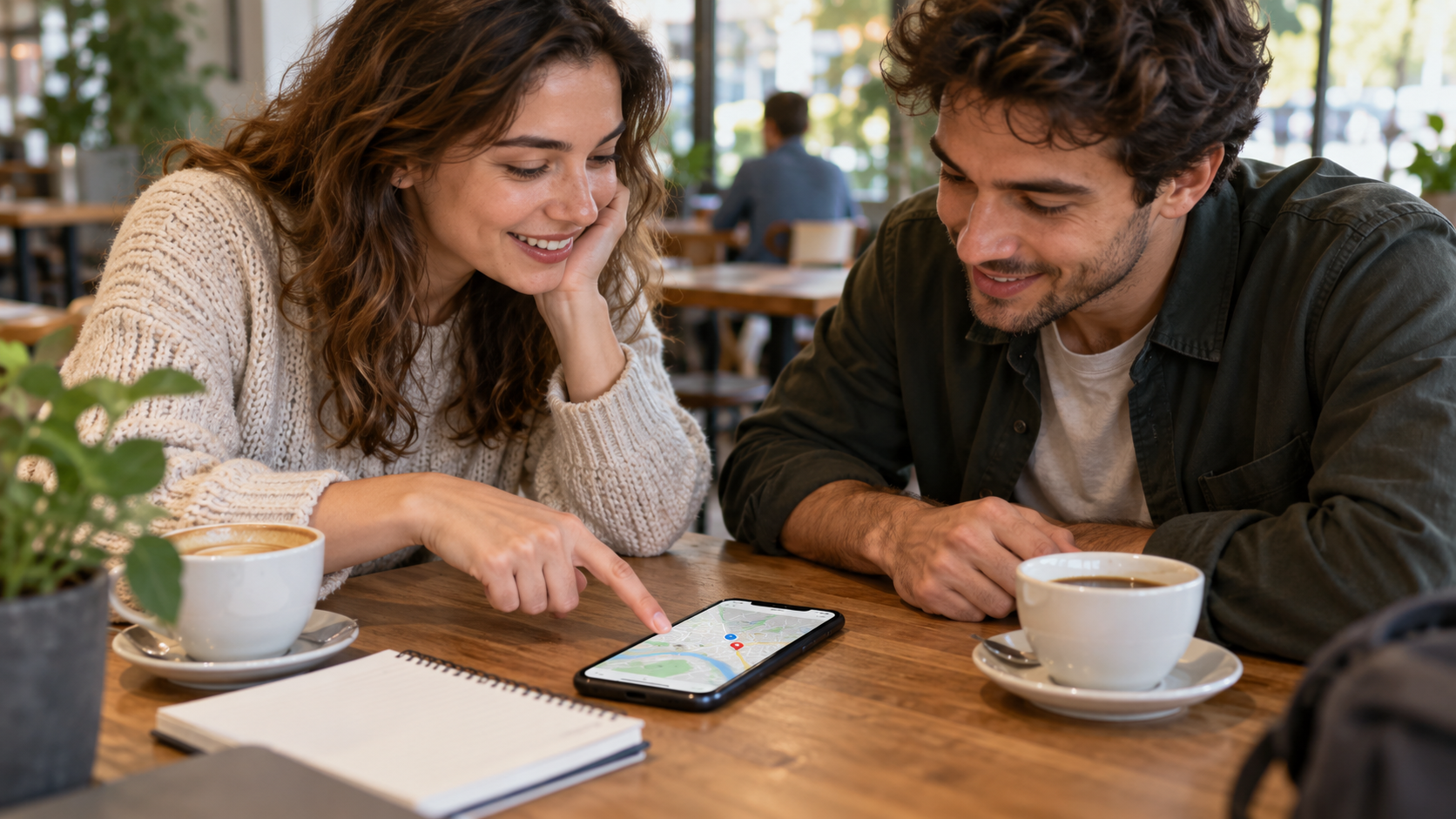 Duas pessoas coordenando um encontro com o celular exibindo um mapa.