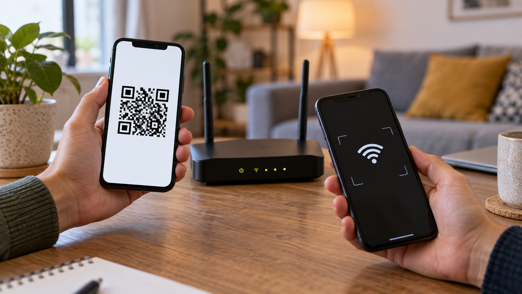 Dois celulares diante de um roteador, com um deles exibindo um código QR.
