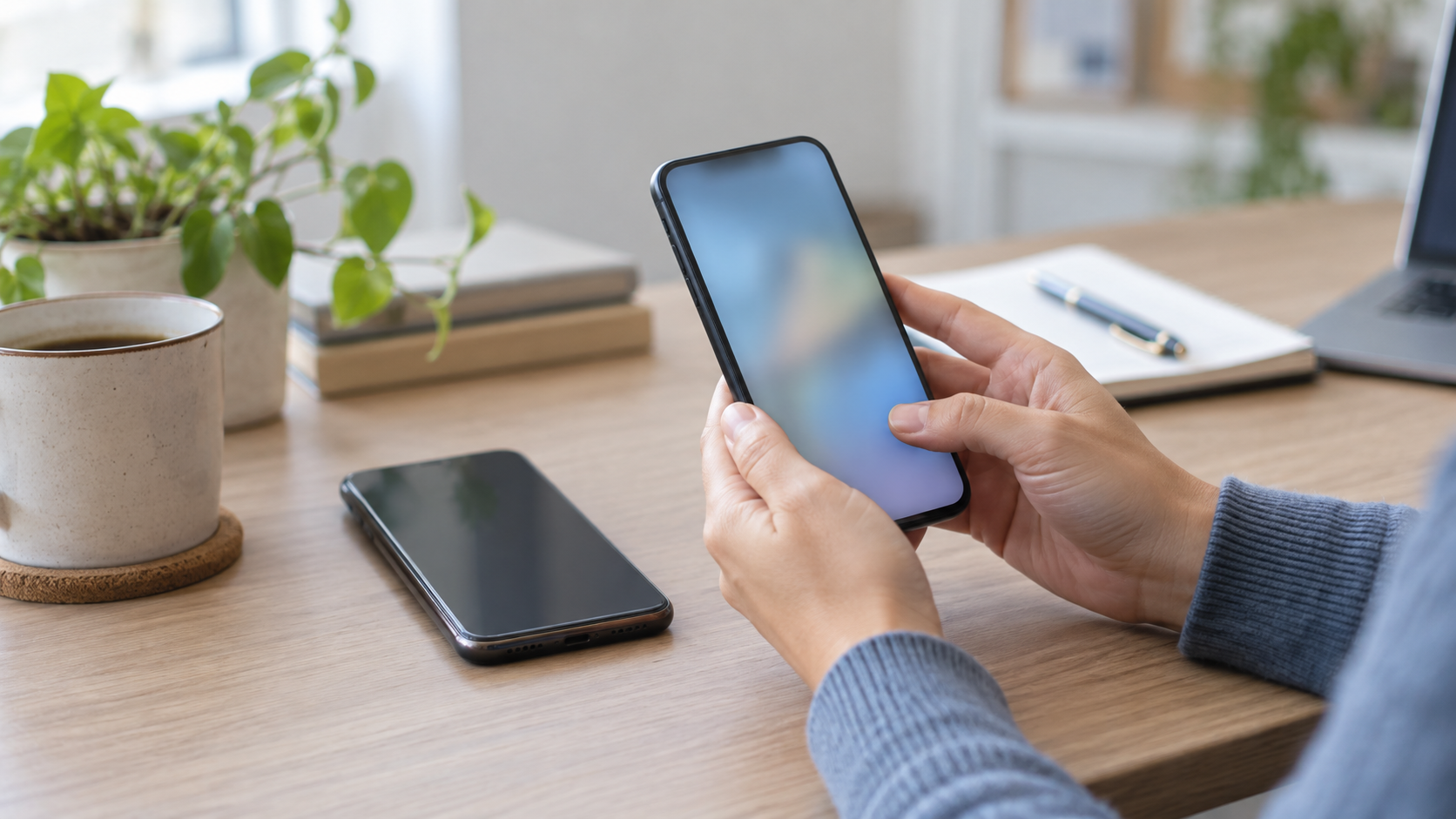 Pessoa conferindo a autenticação em um celular novo ao lado do aparelho antigo