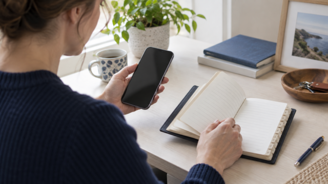 Pessoa consulta o celular ao lado de uma agenda de papel sobre a mesa.