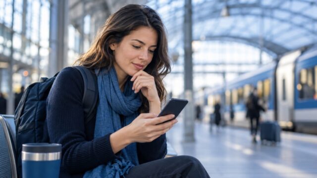 Eine Frau überprüft ihr Handy während einer Zugfahrt an einem Bahnhof.