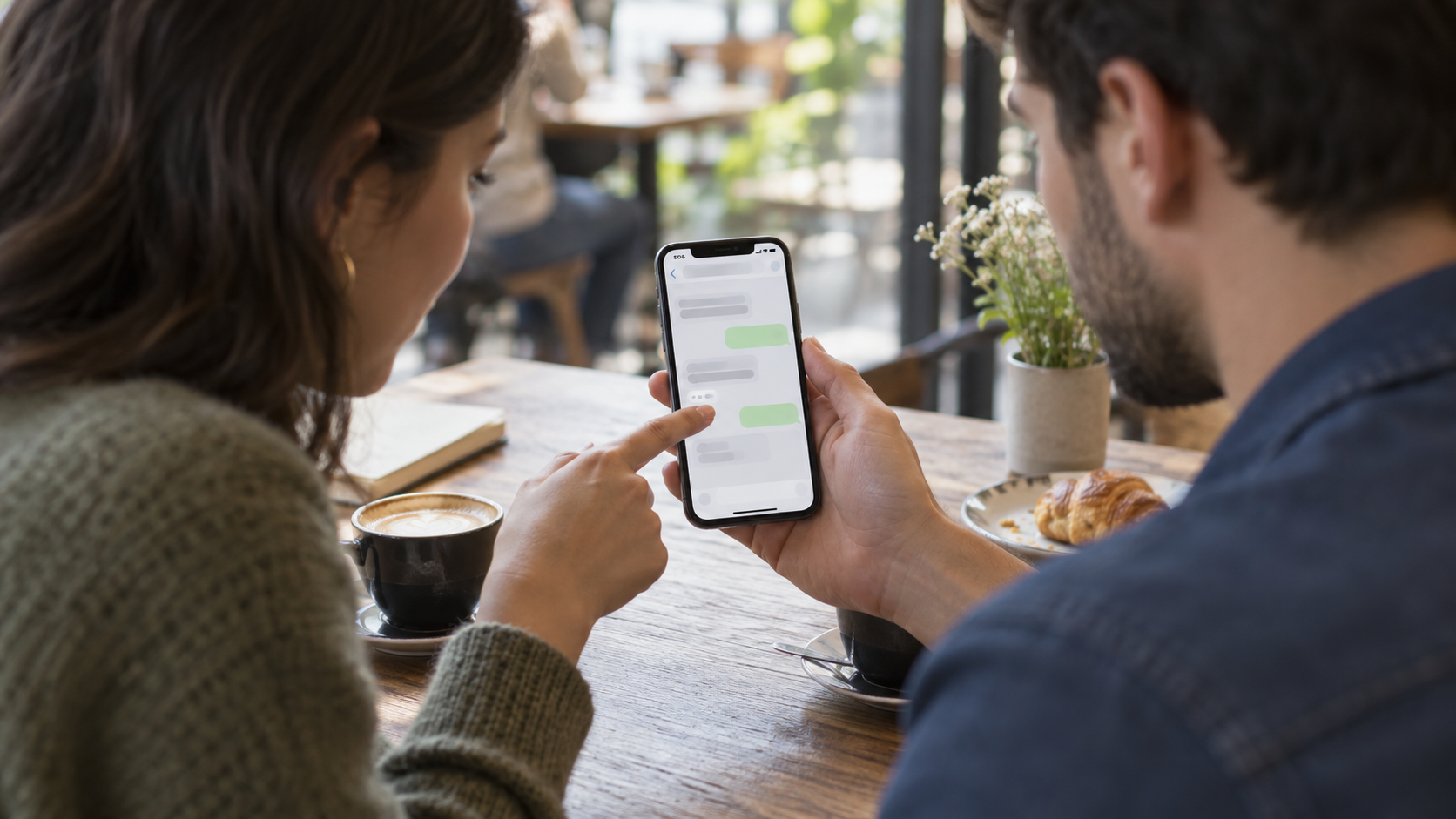 Duas pessoas revisando uma conversa em um celular em uma cafeteria.