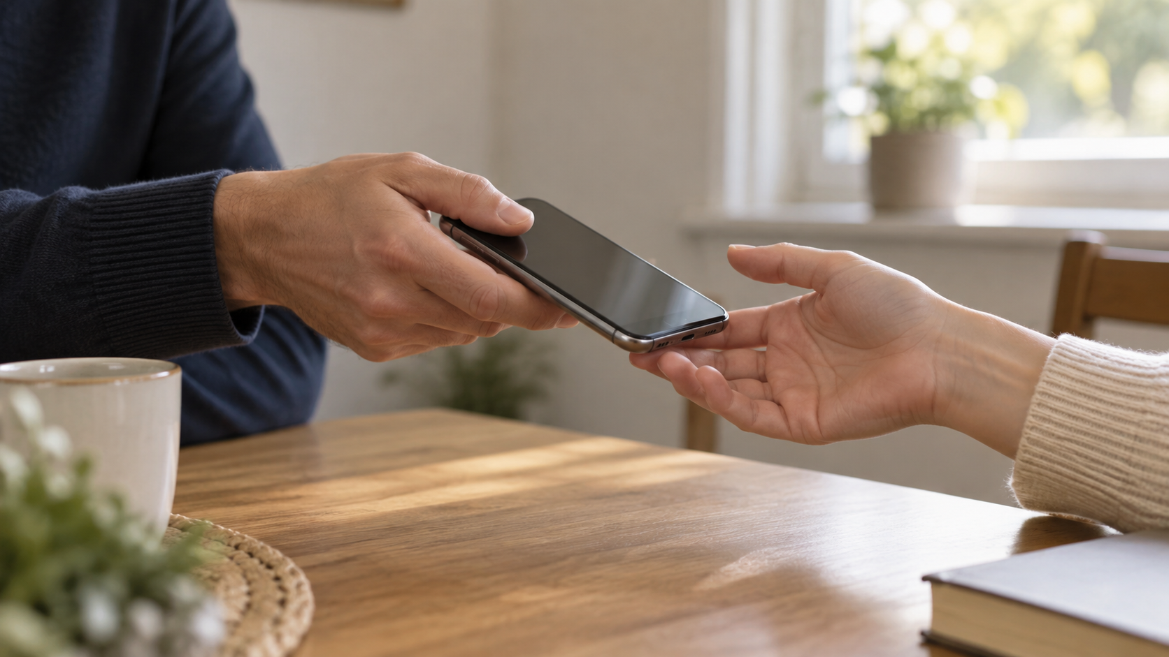 Mão segurando um celular e dedo próximo ao botão lateral em um ambiente doméstico.