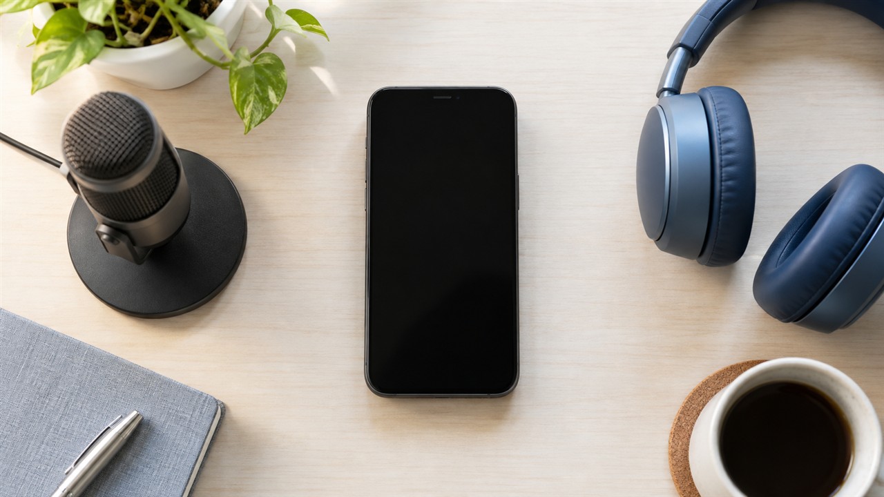 Celular com tela apagada entre um microfone de mesa e fones de ouvido azuis