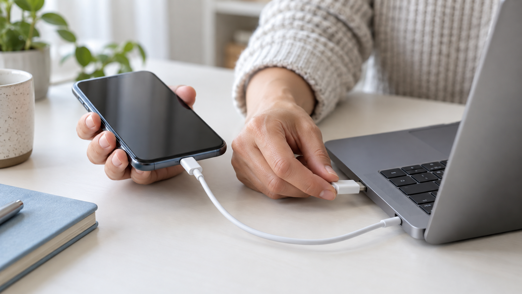 Mãos conectando um celular a um notebook com um cabo USB.