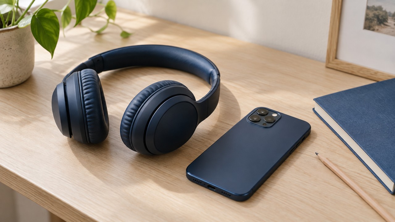 Fones de ouvido e celular ao lado de um caderno azul sobre uma mesa de madeira.