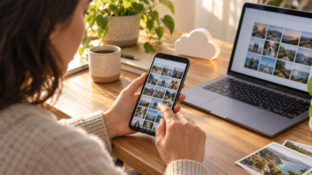 Osoba prohlížející si fotogalerii na svém mobilním telefonu vedle notebooku.