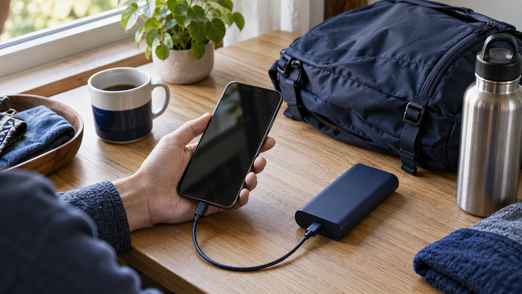 Celular conectado a uma bateria portátil ao lado de mochila e garrafa sobre uma mesa.