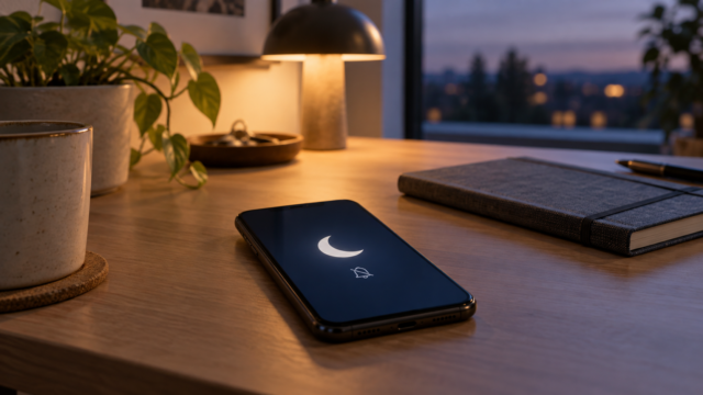 Celular com modo Não Perturbe ativado em uma mesa de trabalho