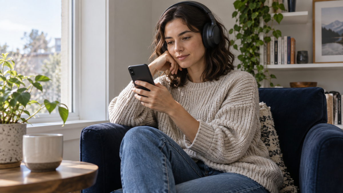 Pessoa ouvindo música com fones e consultando um celular perto de uma janela.