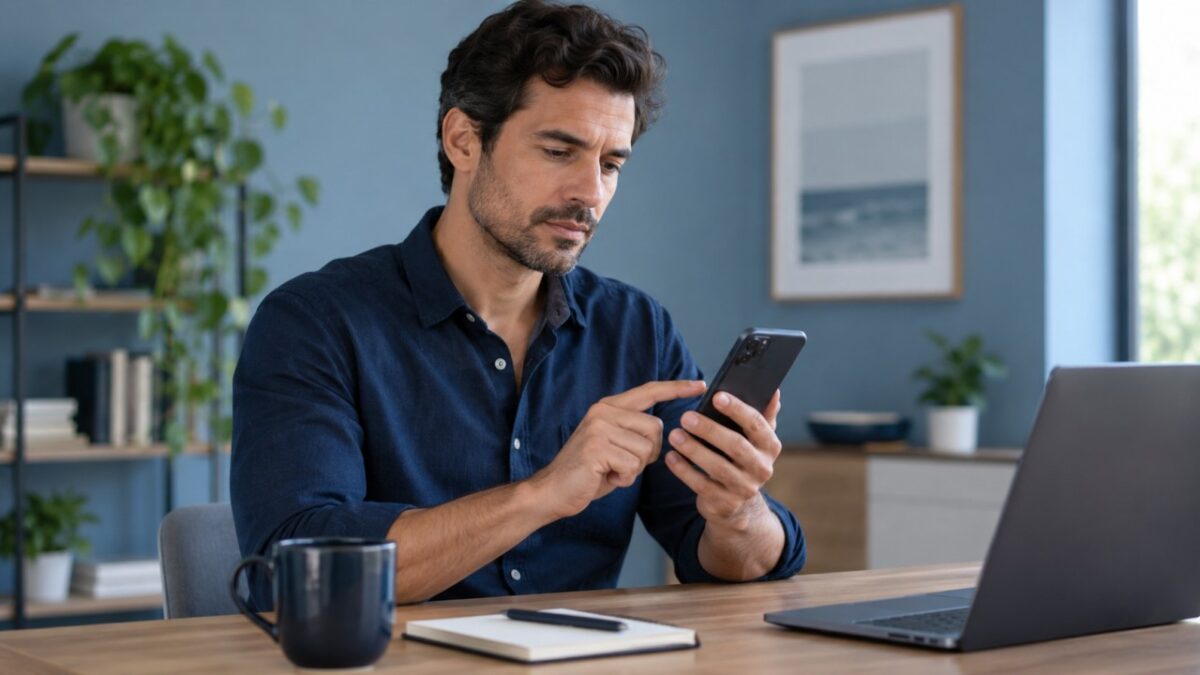 Adulto confirma um login no celular usando o desbloqueio biométrico.