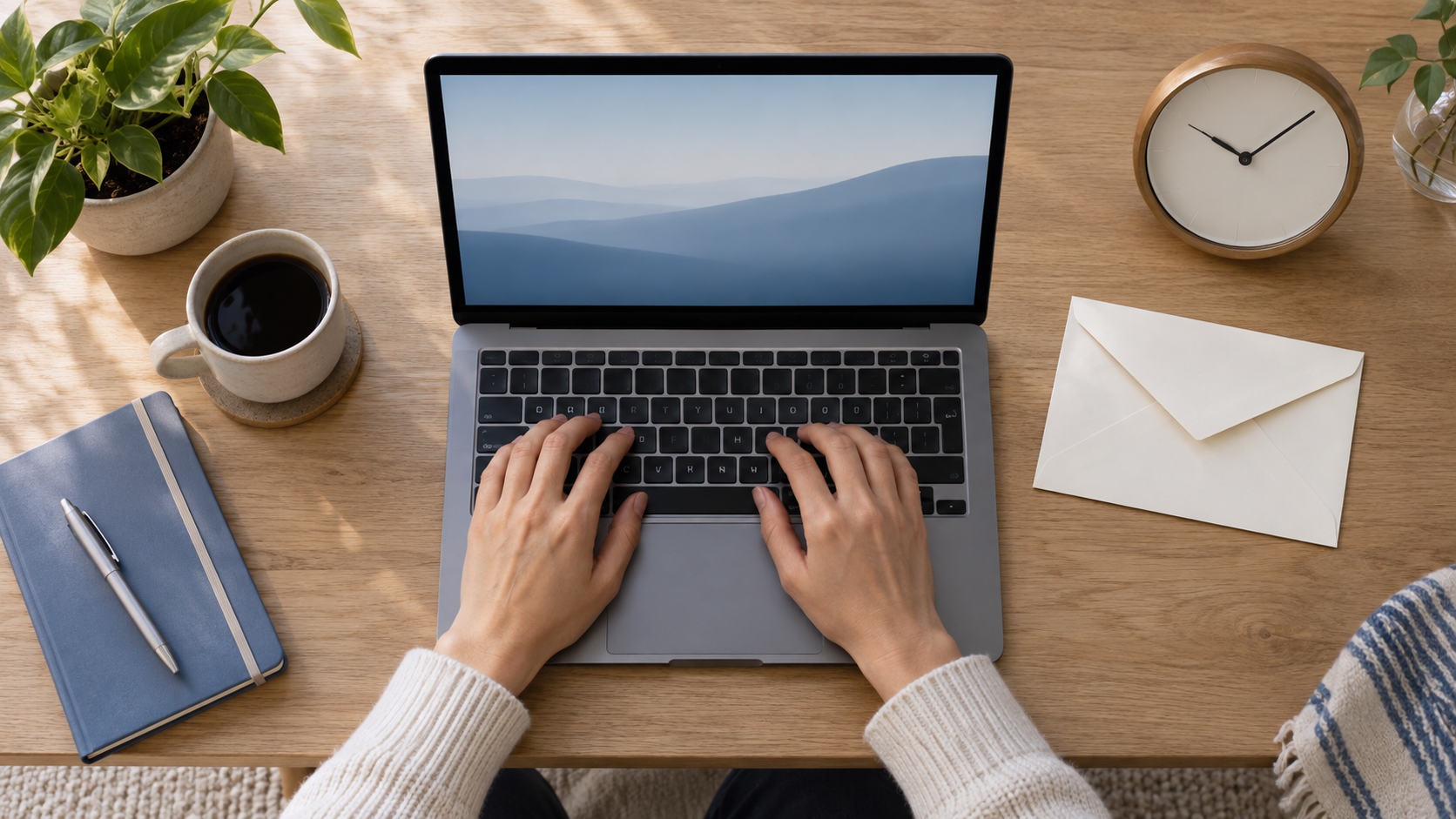 Notebook, envelope e relógio sobre uma mesa durante a preparação de um e-mail.