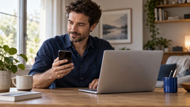 Homem usa o celular ao lado de um notebook em uma mesa de trabalho.