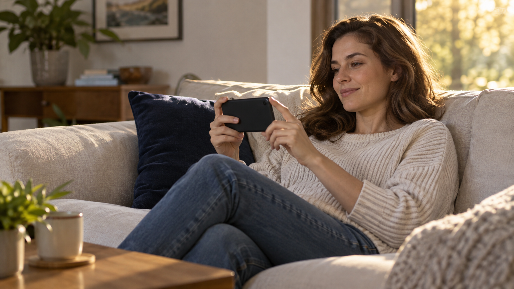 Una persona tiene un cellulare in posizione orizzontale mentre è seduta sul divano.