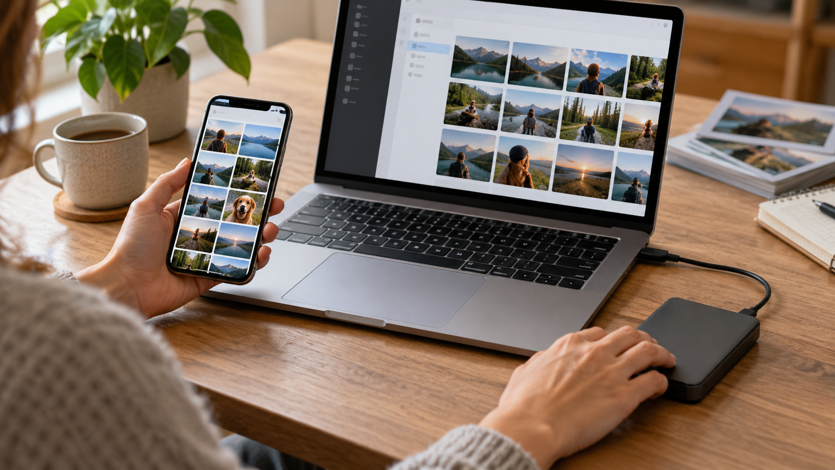 Celular exibindo a organização de fotos na nuvem ao lado de um computador
