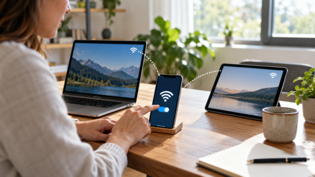 Smartphone sharing internet via Wi-Fi with a laptop and a tablet.