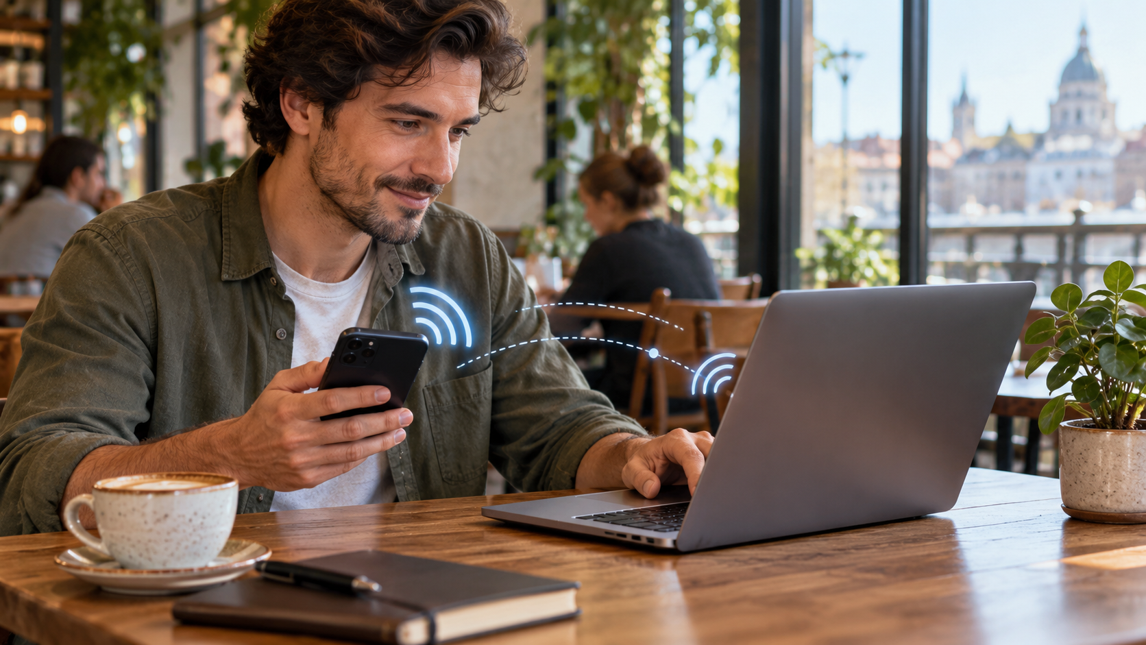 Pessoa usando o celular como ponto de acesso para conectar um notebook em um café.