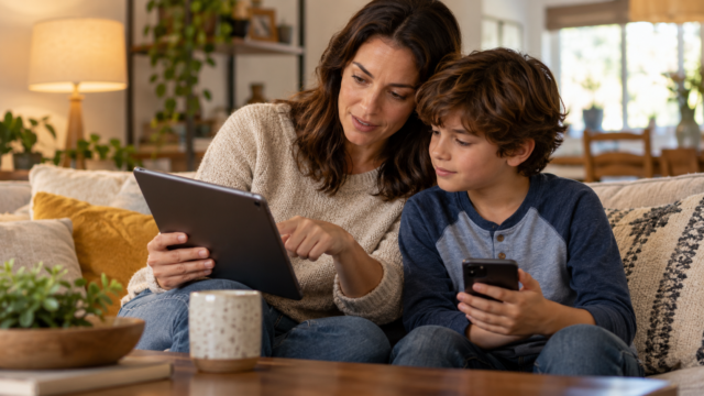 Responsável configurando limites de uso em um celular ao lado de outro aparelho