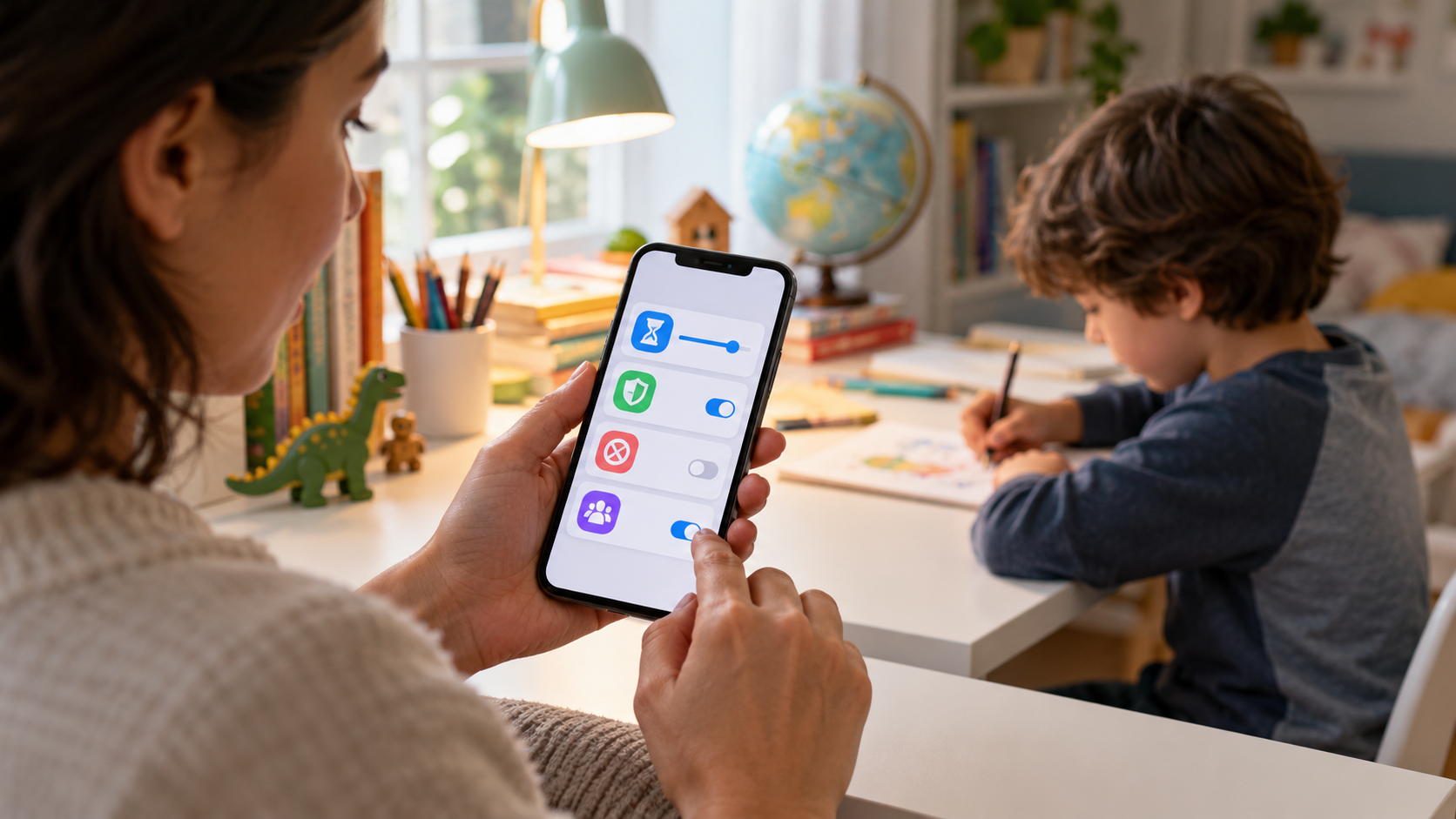 Família usando celulares com configurações de tempo de tela e segurança