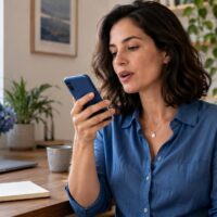 Mulher ditando uma mensagem ao celular em um escritório doméstico