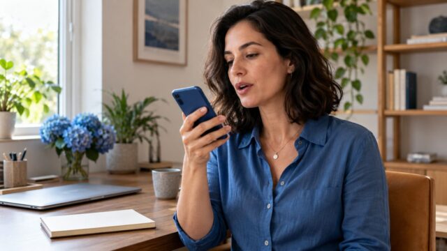 Mulher ditando uma mensagem ao celular em um escritório doméstico