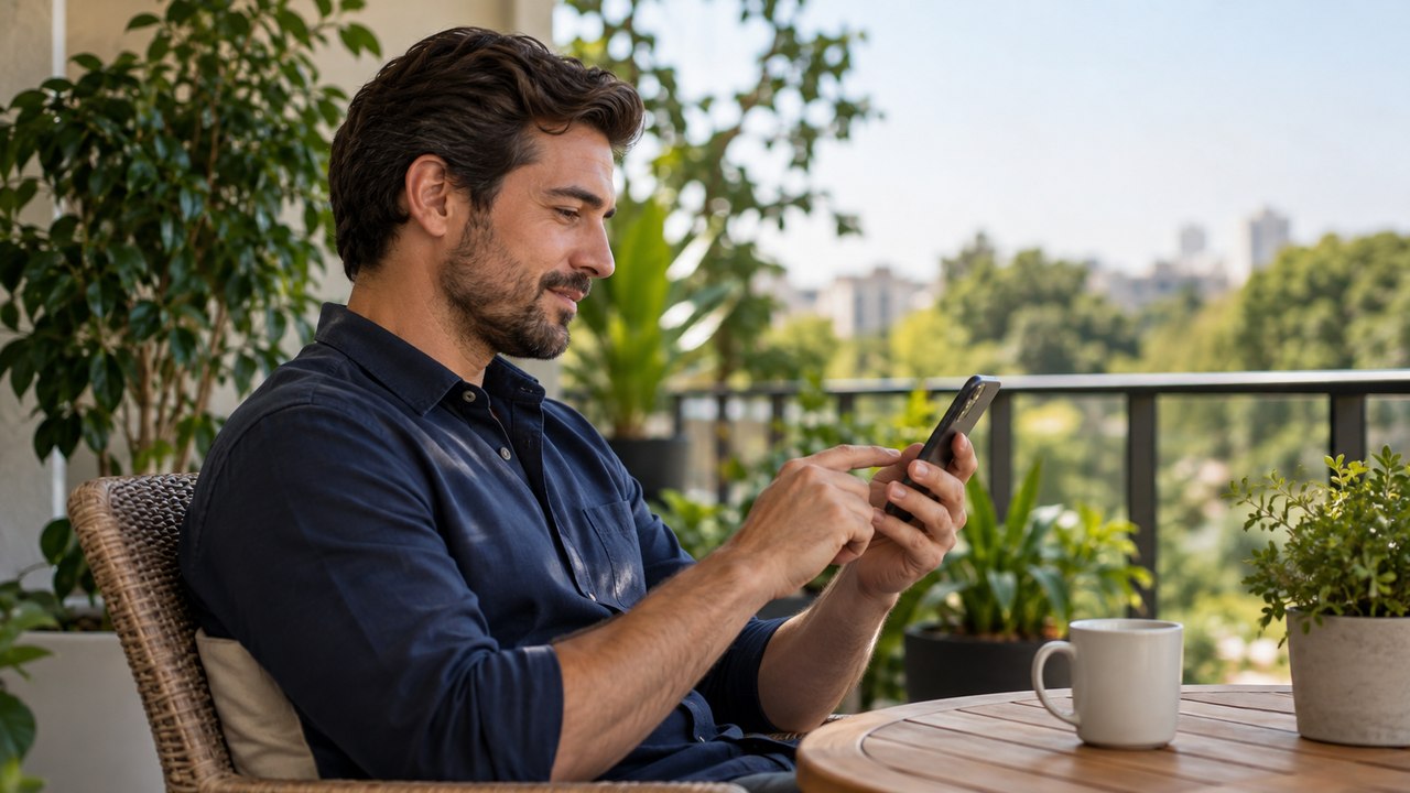 Homem conferindo uma mensagem no celular após ditar um texto
