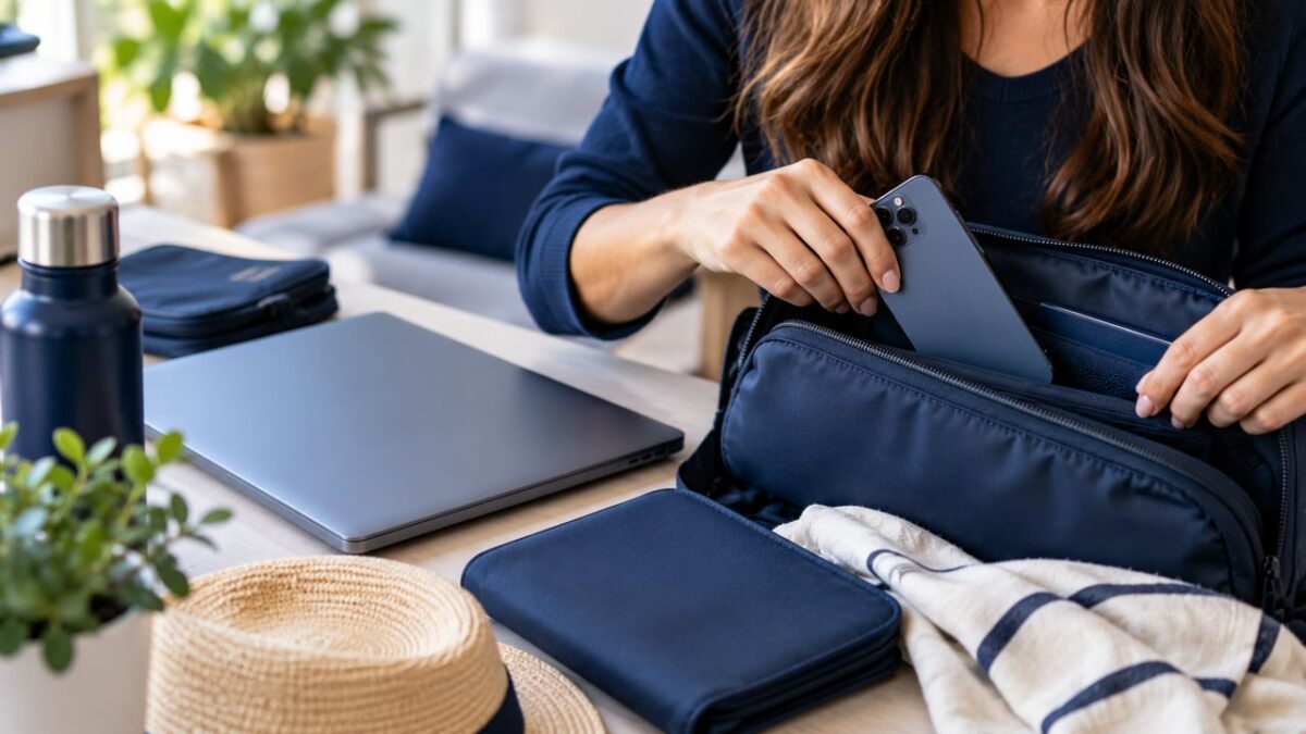 Mulher organiza bolsa de viagem com celular e notebook sobre mesa clara
