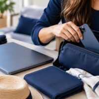 Mulher organiza bolsa de viagem com celular e notebook sobre mesa clara