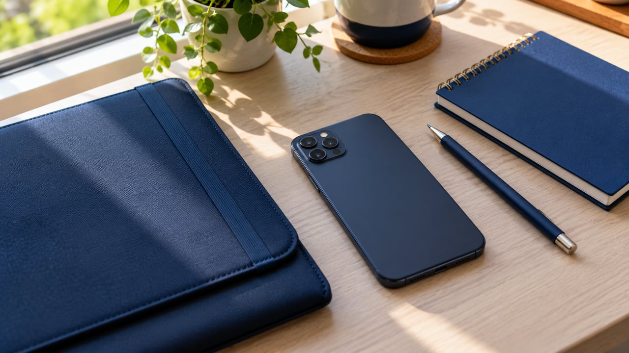 Celular virado para baixo ao lado de pasta azul, caderno e lápis sobre mesa clara