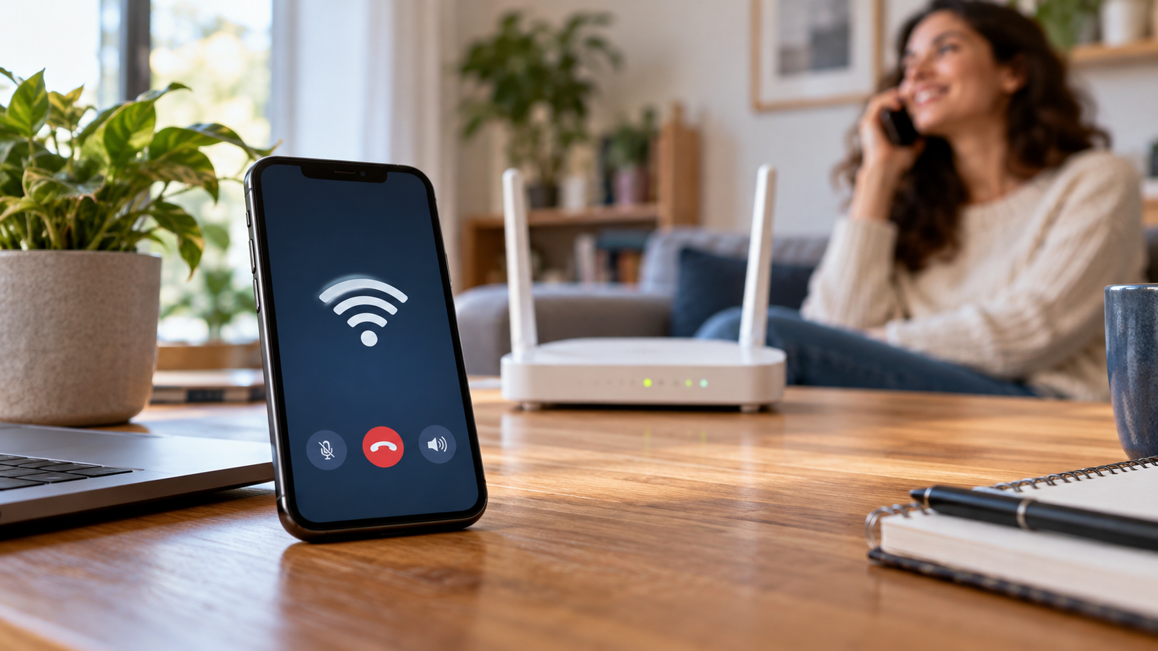 Smartphone ao lado de roteador durante uma chamada Wi-Fi
