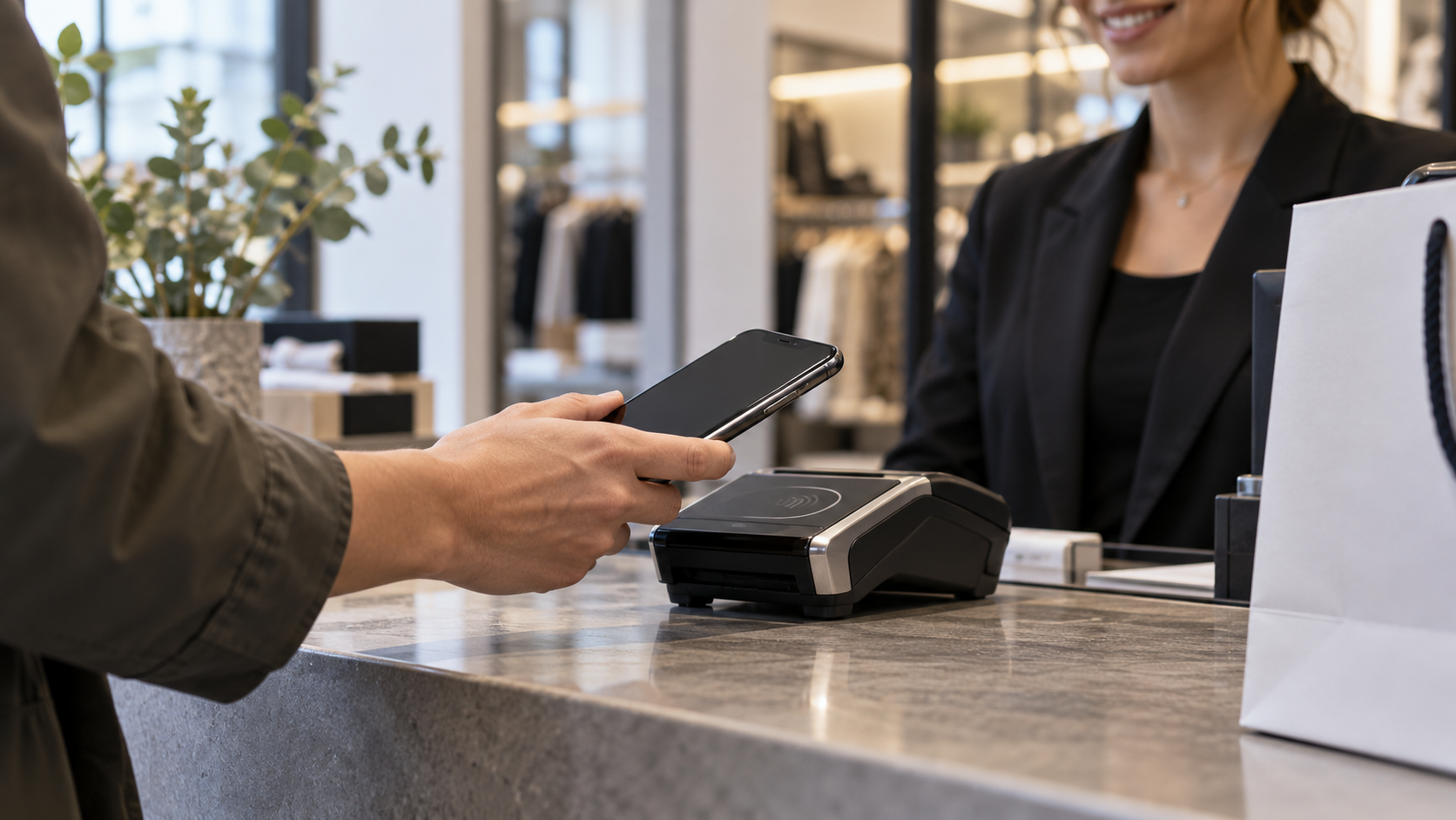 Pessoa aproximando o smartphone de um terminal de pagamento sem contato