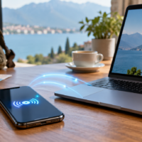 Ponto de acesso Wi-Fi do celular conectado ao notebook em uma mesa