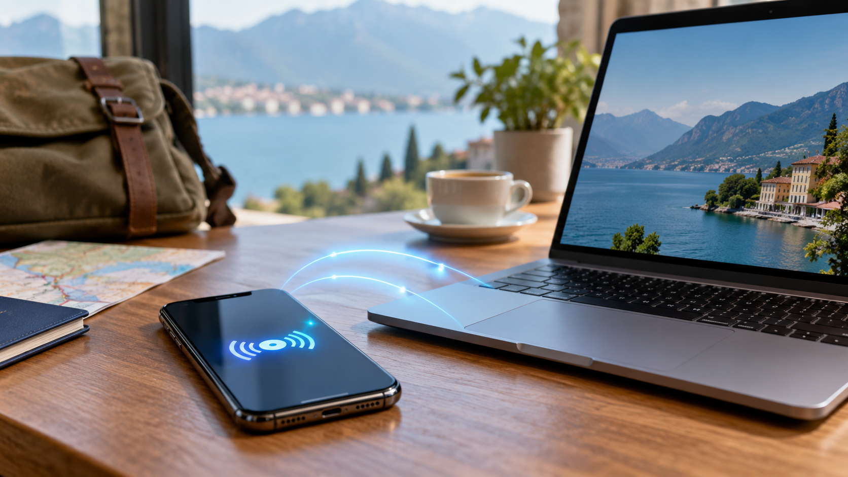 Ponto de acesso Wi-Fi do celular conectado ao notebook em uma mesa