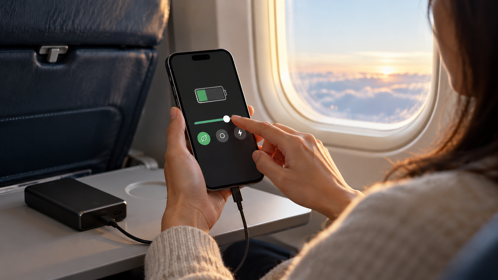 Pessoa ajustando configurações de bateria do celular durante uma viagem