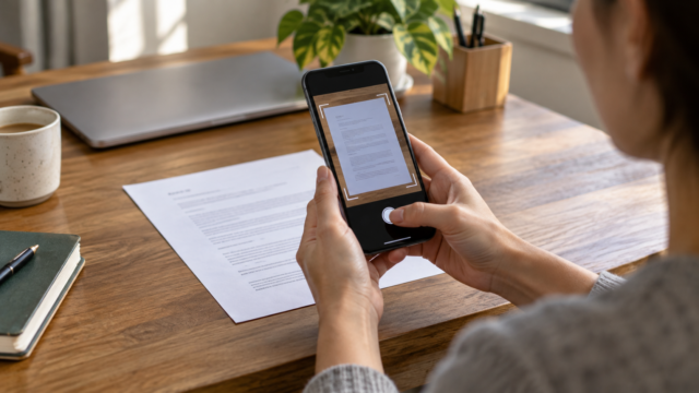 Smartphone enquadrando um documento de papel para digitalização