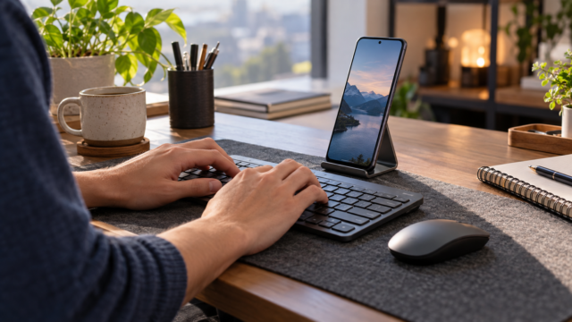 Smartphone conectado a teclado e mouse Bluetooth sobre a mesa