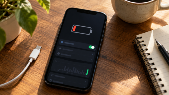 Ein Smartphone zeigt die Akkueinstellungen neben einem Ladekabel an.