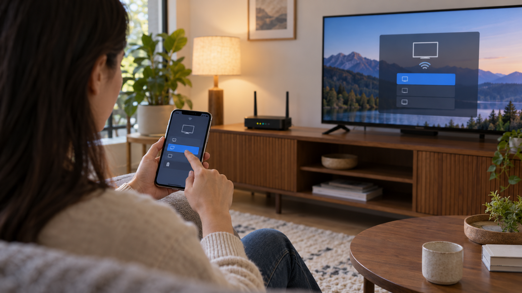Una persona regola la connessione tra uno smartphone e un televisore.