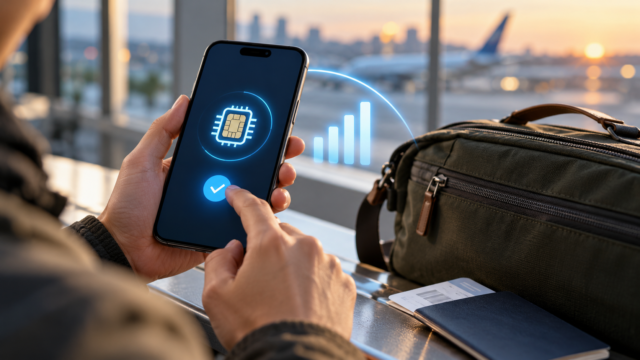 Pessoa ativando um eSIM digital no smartphone