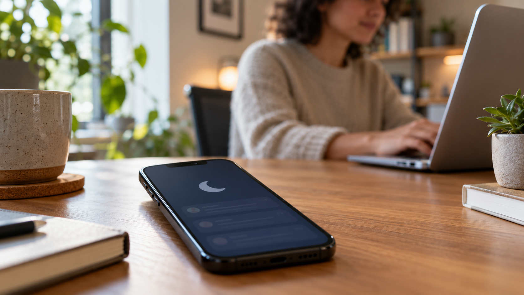 Smartphone con las notificaciones desactivadas visualmente sobre un escritorio de trabajo.